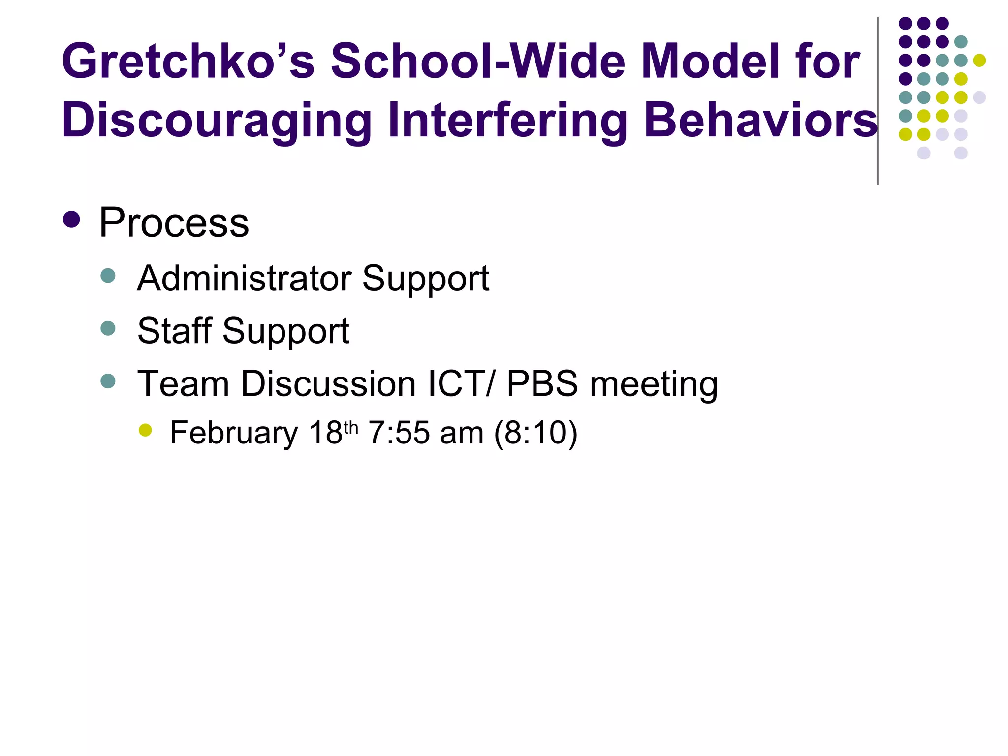Gretchko’s School-Wide Model for Discouraging Interfering Behaviors Process Administrator Support Staff Support Team Discussion ICT/ PBS meeting February 18 th  7:55 am (8:10)  