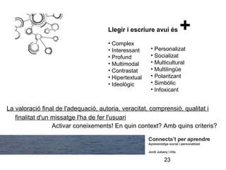 Llegir i escriure avui és    +
                                     • Complex
                                     • Interessant    • Personalizat
                                     • Profund        • Socializat
                                     • Multimodal     • Multicultural
                                     • Contrastat     • Multilingüe
                                     • Hipertextual   • Polaritzant
                                     • Ideològic      • Simbòlic
                                                      • Infoxicant


La valoració final de l'adequació, autoria, veracitat, comprensió, qualitat i
   finalitat d'un missatge l'ha de fer l'usuari
                  Activar coneixements! En quin context? Amb quins criteris?




                                                           23
 