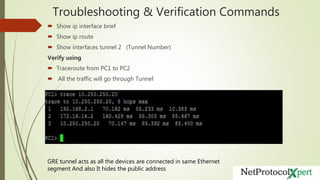Troubleshooting & Verification Commands
 Show ip interface brief
 Show ip route
 Show interfaces tunnel 2 (Tunnel Number)
Verify using
 Traceroute from PC1 to PC2
 All the traffic will go through Tunnel
GRE tunnel acts as all the devices are connected in same Ethernet
segment And also It hides the public address
 