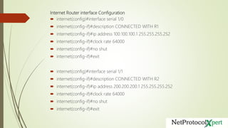 Internet Router interface Configuration
 internet(config)#interface serial 1/0
 internet(config-if)#description CONNECTED WITH R1
 internet(config-if)#ip address 100.100.100.1 255.255.255.252
 internet(config-if)#clock rate 64000
 internet(config-if)#no shut
 internet(config-if)#exit
 internet(config)#interface serial 1/1
 internet(config-if)#description CONNECTED WITH R2
 internet(config-if)#ip address 200.200.200.1 255.255.255.252
 internet(config-if)#clock rate 64000
 internet(config-if)#no shut
 internet(config-if)#exit
 