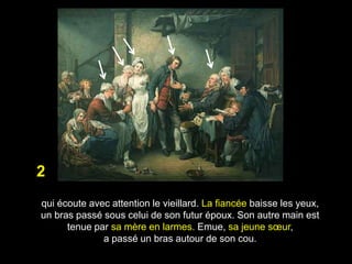 2
qui écoute avec attention le vieillard. La fiancée baisse les yeux,
un bras passé sous celui de son futur époux. Son autre main est
      tenue par sa mère en larmes. Emue, sa jeune sœur,
              a passé un bras autour de son cou.
 