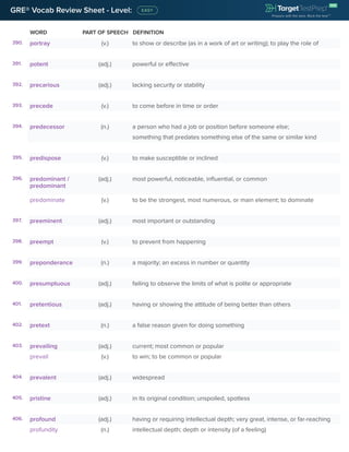 WORD PART OF SPEECH DEFINITION
GRE® Vocab Review Sheet - Level:
390. portray (v.) to show or describe (as in a work of art or writing); to play the role of
391. potent (adj.) powerful or effective
392. precarious (adj.) lacking security or stability
393. precede (v.) to come before in time or order
394. predecessor (n.) a person who had a job or position before someone else;
something that predates something else of the same or similar kind
395. predispose (v.) to make susceptible or inclined
396. predominant /
predominant
(adj.) most powerful, noticeable, influential, or common
predominate (v.) to be the strongest, most numerous, or main element; to dominate
397. preeminent (adj.) most important or outstanding
398. preempt (v.) to prevent from happening
399. preponderance (n.) a majority; an excess in number or quantity
400. presumptuous (adj.) failing to observe the limits of what is polite or appropriate
401. pretentious (adj.) having or showing the attitude of being better than others
402. pretext (n.) a false reason given for doing something
403. prevailing (adj.) current; most common or popular
prevail (v.) to win; to be common or popular
404. prevalent (adj.) widespread
405. pristine (adj.) in its original condition; unspoiled, spotless
406. profound (adj.) having or requiring intellectual depth; very great, intense, or far-reaching
profundity (n.) intellectual depth; depth or intensity (of a feeling)
 