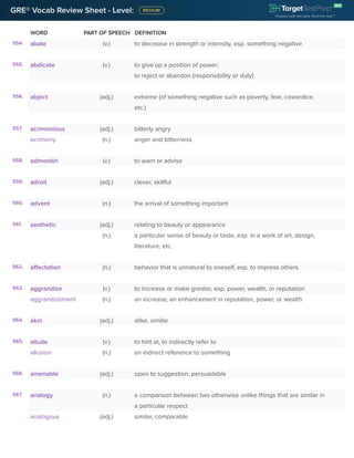 GRE® Vocab Review Sheet - Level:
WORD PART OF SPEECH DEFINITION
554. abate (v.) to decrease in strength or intensity, esp. something negative
555. abdicate (v.) to give up a position of power;
to reject or abandon (responsibility or duty)
556. abject (adj.) extreme (of something negative such as poverty, fear, cowardice.
etc.)
557. acrimonious (adj.) bitterly angry
acrimony (n.) anger and bitterness
558. admonish (v.) to warn or advise
559. adroit (adj.) clever, skillful
560. advent (n.) the arrival of something important
561. aesthetic (adj.) relating to beauty or appearance
(n.) a particular sense of beauty or taste, esp. in a work of art, design,
literature, etc.
562. affectation (n.) behavior that is unnatural to oneself, esp. to impress others
563. aggrandize (v.) to increase or make greater, esp. power, wealth, or reputation
aggrandizement (n.) an increase; an enhancement in reputation, power, or wealth
564. akin (adj.) alike, similar
565. allude (v.) to hint at, to indirectly refer to
allusion (n.) an indirect reference to something
566. amenable (adj.) open to suggestion, persuadable
567. analogy (n.) a comparison between two otherwise unlike things that are similar in
a particular respect
analogous (adj.) similar, comparable
 