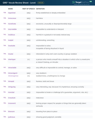 GRE® Vocab Review Sheet - Level:
WORD PART OF SPEECH DEFINITION
738. ingrained (adj.) firmly established or deeply embedded
739. innocuous (adj.) harmless
740. inordinate (adj.) excessive, unusually or disproportionately large
741. inscrutable (adj.) impossible to understand or interpret
742. insidious (adj.) harmful in a gradual or not easliy noticed way
743. insipid (adj.) uninteresting, unexciting
744. insoluble (adj.) impossible to solve;
incapable of being dissolved in liquid
745. insular (adj.) interested in only one’s own country or group; isolated
746. interloper (n.) a person who inserts oneself into a situation in which s/he is unwelcome
or doesn’t belong, an intruder
747. intractable (adj.) very difficult or impossible to control, manage, or solve
748. intransigent (adj.) very stubborn
intransigence (n.) stubbornness, unwillingness to change
749. intrepid (adj.) fearless, bold and brave
750. intriguing (adj.) very interesting, esp. because it is mysterious; arousing curiosity
751. ironclad (adj.) impossible to break or challenge (of a guarantee, argument, rule, etc.)
752. irresolute (adj.) indecisive
753. irreverent (adj.) lacking proper respect for people or things that are generally taken
seriously
754. itinerant (adj.) traveling from place to place
755. judicious (adj.) showing good judgment, sensible
 