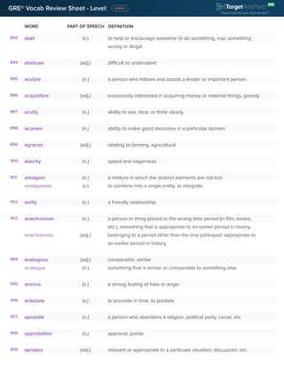 GRE® Vocab Review Sheet - Level:
WORD PART OF SPEECH DEFINITION
893. abet (v.) to help or encourage someone to do something, esp. something
wrong or illegal
894. abstruse (adj.) difficult to understand
895. acolyte (n.) a person who follows and assists a leader or important person
896. acquisitive (adj.) excessively interested in acquiring money or material things, greedy
897. acuity (n.) ability to see, hear, or think clearly
898. acumen (n.) ability to make good decisions in a particular domain
899. agrarian (adj.) relating to farming, agricultural
900. alacrity (n.) speed and eagerness
901. amalgam (n.) a mixture in which the distinct elements are not lost
amalgamate (v.) to combine into a single entity, to integrate
902. amity (n.) a friendly relationship
903. anachronism (n.) a person or thing placed in the wrong time period (in film, books,
etc.); something that is appropriate to an earlier period in history
anachronistic (adj.) belonging to a period other than the one portrayed; appropriate to
an earlier period in history
904. analogous (adj.) comparable, similar
analogue (n.) something that is similar or comparable to something else
905. animus (n.) a strong feeling of hate or anger
906. antedate (v.) to precede in time, to predate
907. apostate (n.) a person who abandons a religion, political party, cause, etc.
908. approbation (n.) approval, praise
909. apropos (adj.) relevant or appropriate to a particular situation, discussion, etc.
 