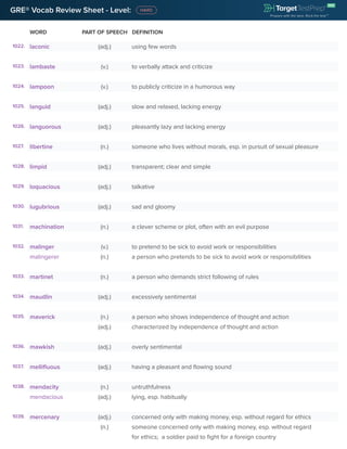 GRE® Vocab Review Sheet - Level:
WORD PART OF SPEECH DEFINITION
1022. laconic (adj.) using few words
1023. lambaste (v.) to verbally attack and criticize
1024. lampoon (v.) to publicly criticize in a humorous way
1025. languid (adj.) slow and relaxed, lacking energy
1026. languorous (adj.) pleasantly lazy and lacking energy
1027. libertine (n.) someone who lives without morals, esp. in pursuit of sexual pleasure
1028. limpid (adj.) transparent; clear and simple
1029. loquacious (adj.) talkative
1030. lugubrious (adj.) sad and gloomy
1031. machination (n.) a clever scheme or plot, often with an evil purpose
1032. malinger (v.) to pretend to be sick to avoid work or responsibilities
malingerer (n.) a person who pretends to be sick to avoid work or responsibilities
1033. martinet (n.) a person who demands strict following of rules
1034. maudlin (adj.) excessively sentimental
1035. maverick (n.) a person who shows independence of thought and action
(adj.) characterized by independence of thought and action
1036. mawkish (adj.) overly sentimental
1037. mellifluous (adj.) having a pleasant and flowing sound
1038. mendacity (n.) untruthfulness
mendacious (adj.) lying, esp. habitually
1039. mercenary (adj.) concerned only with making money, esp. without regard for ethics
(n.) someone concerned only with making money, esp. without regard
for ethics; a soldier paid to fight for a foreign country
 