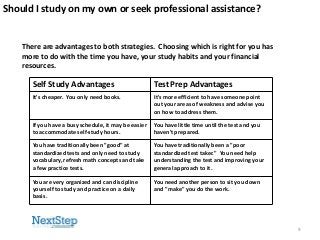 Should I study on my own or seek professional assistance?

There are advantages to both strategies. Choosing which is right for you has
more to do with the time you have, your study habits and your financial
resources.

Self Study Advantages

Test Prep Advantages

It's cheaper. You only need books.

It's more efficient to have someone point
out your areas of weakness and advise you
on how to address them.

Reading Comprehension until the test and you
You have little time

If you have a busy schedule, it may be easier
to accommodate self-study hours.
You have traditionally been "good" at
standardized tests and only need to study
vocabulary, refresh math concepts and take
a few practice tests.
You are very organized and can discipline
yourself to study and practice on a daily
basis.

haven't prepared.
You have traditionally been a "poor
standardized test taker." You need help
understanding the test and improving your
general approach to it.
Reading Comprehension
You need another person to sit you down
and "make" you do the work.

9

 