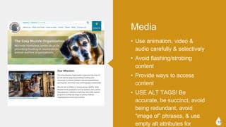 ? Use animation, video & audio
carefully & selectively
? Avoid flashing/strobing content
? Provide ways to access content
? USE ALT TAGS! Be accurate, be
succinct, avoid being redundant,
avoid image of phrases, & use
empty alt attributes for decorative
images
18
Media
 