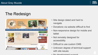 About Grey Muzzle
The Redesign
? Site design dated and hard to navigate
? Donations via website difficult to find
? Non-responsive design for mobile and tablet
? Not remotely designed for accessibility
? Difficult to use custom CMS
? Unknown degree of technical support with
site issues
? No development support
 