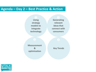 Agenda – Day 2 – Best Practice & ActionUsing strategy models to integrate technologyGeneratingrelevantideas that connect with consumers12Key Trends4Measurement & optimisation3