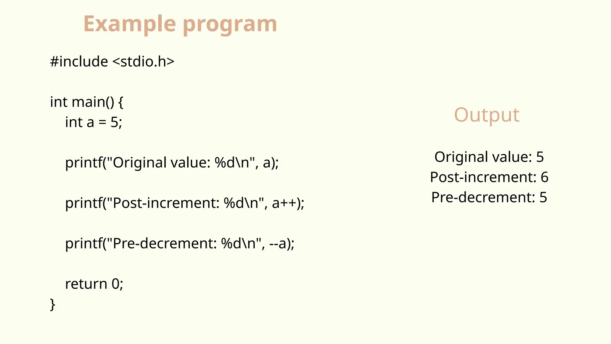 #include <stdio.h>
int main() {
int a = 5;
printf("Original value: %dn", a);
printf("Post-increment: %dn", a++);
printf("Pre-decrement: %dn", --a);
return 0;
}
Original value: 5
Post-increment: 6
Pre-decrement: 5
Example program
Output
 