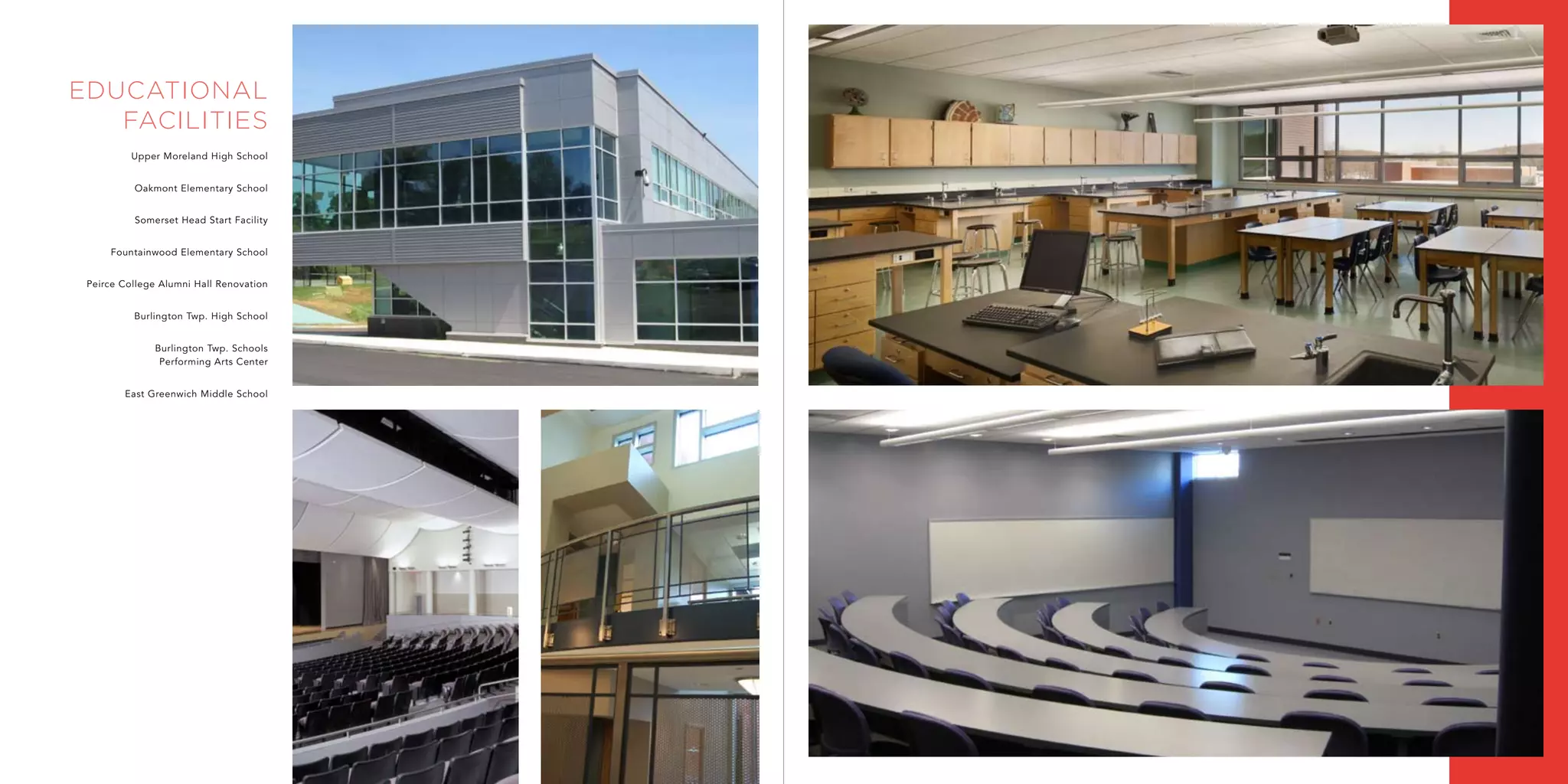 educational
   facilities
          Upper Moreland High School


          Oakmont Elementary School


          Somerset Head Start Facility


     Fountainwood Elementary School


 Peirce College Alumni Hall Renovation


          Burlington Twp. High School


              Burlington Twp. Schools
               Performing Arts Center


        East Greenwich Middle School
 