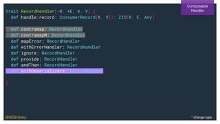trait RecordHandler[-R, +E, K, V] {
def handle(record: ConsumerRecord[K, V]): ZIO[R, E, Any]
def contramap: RecordHandler
def contramapM: RecordHandler
def mapError: RecordHandler
def withErrorHandler: RecordHandler
def ignore: RecordHandler
def provide: RecordHandler
def andThen: RecordHandler
def withDeserializers: RecordHandler
}
Composable
Handler
@NSilnitsky * change type
 