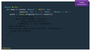 object Worker {
def make[R](handle: Record => URIO[R, Any],
capacity: Int,/*...*/): URIO[...,Worker] = for {
queue <- Queue.dropping[Record](capacity)
_ <- // simplified
queue.take.flatMap { record =>
handle(record).as(true)
}.doWhile(_ == true).forkDaemon
} yield new Worker {
override def submit(record: Record): UIO[Boolean] =
queue.offer(record)
// ...
}
}
Parallel
Consumption
@NSilnitsky
 