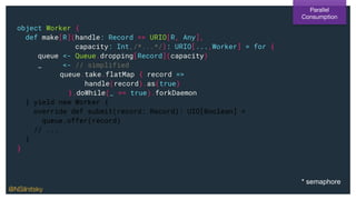 object Worker {
def make[R](handle: Record => URIO[R, Any],
capacity: Int,/*...*/): URIO[...,Worker] = for {
queue <- Queue.dropping[Record](capacity)
_ <- // simplified
queue.take.flatMap { record =>
handle(record).as(true)
}.doWhile(_ == true).forkDaemon
} yield new Worker {
override def submit(record: Record): UIO[Boolean] =
queue.offer(record)
// ...
}
}
Parallel
Consumption
* semaphore
@NSilnitsky
 