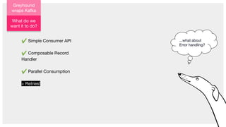 Greyhound
wraps Kafka
✔ Simple Consumer API
✔ Composable Record
Handler
✔ Parallel Consumption
+ Retries!
What do we
want it to do?
...what about
Error handling?
 