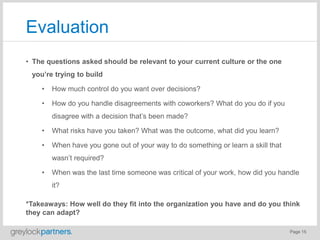 Page 15
Evaluation
• The questions asked should be relevant to your current culture or the one
you’re trying to build
• Ho...