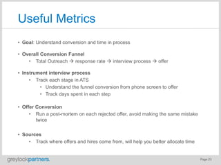 Page 23
Useful Metrics
• Goal: Understand conversion and time in process
• Overall Conversion Funnel
• Total Outreach  re...