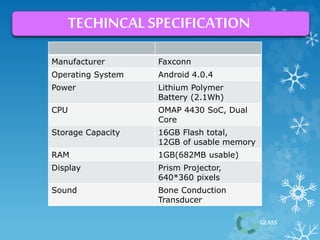 GLASS 
TECHINCAL SPECIFICATION 
Manufacturer Faxconn 
Operating System Android 4.0.4 
Power Lithium Polymer 
Battery (2.1Wh) 
CPU OMAP 4430 SoC, Dual 
Core 
Storage Capacity 16GB Flash total, 
12GB of usable memory 
RAM 1GB(682MB usable) 
Display Prism Projector, 
640*360 pixels 
Sound Bone Conduction 
Transducer 
 