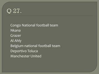 Congo National football team
Nkana
Grazer
Al Ahly
Belgium national football team
Deportivo Toluca
Manchester United
 