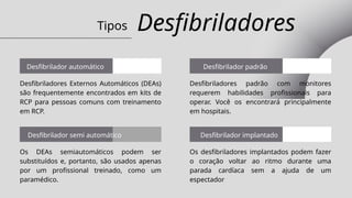 Desfibrilador implantado
Desfibrilador semi automático
Desfibriladores
Tipos
Desfibriladores Externos Automáticos (DEAs)
são frequentemente encontrados em kits de
RCP para pessoas comuns com treinamento
em RCP.
Desfibrilador automático
Desfibriladores padrão com monitores
requerem habilidades profissionais para
operar. Você os encontrará principalmente
em hospitais.
Desfibrilador padrão
Os DEAs semiautomáticos podem ser
substituídos e, portanto, são usados ​
​
apenas
por um profissional treinado, como um
paramédico.
Os desfibriladores implantados podem fazer
o coração voltar ao ritmo durante uma
parada cardíaca sem a ajuda de um
espectador
 