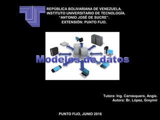 REPÚBLICA BOLIVARIANA DE VENEZUELA.
INSTITUTO UNIVERSITARIO DE TECNOLOGÍA.
“ANTONIO JOSÉ DE SUCRE”.
EXTENSIÓN: PUNTO FIJO.
PUNTO FIJO, JUNIO 2016
Tutora: Ing. Carrasquero, Angie.
Autora: Br. López, Greymir
 