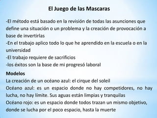El Juego de las Mascaras

-El método está basado en la revisión de todas las asunciones que
define una situación o un problema y la creación de provocación a
base de invertirlas
-En el trabajo aplico todo lo que he aprendido en la escuela o en la
universidad
-El trabajo requiere de sacrificios
-los éxitos son la base de mi progresó laboral
Modelos
La creación de un océano azul: el cirque del soleil
Océano azul: es un espacio donde no hay competidores, no hay
lucha, no hay límite. Sus aguas están limpias y tranquilas
Océano rojo: es un espacio donde todos trazan un mismo objetivo,
donde se lucha por el poco espacio, hasta la muerte
 