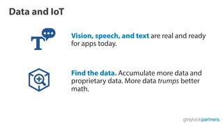 Data and IoT
Vision, speech, and text are real and ready
for apps today.
Find the data. Accumulate more data and
proprietary data. More data trumps better
math.
 