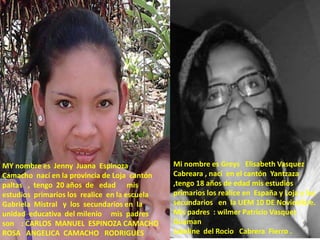 MY nombre es Jenny Juana Espinoza
Camacho nací en la provincia de Loja cantón
paltas , tengo 20 años de edad mis
estudios primarios los realice en la escuela
Gabriela Mistral y los secundarios en la
unidad educativa del milenio mis padres
son : CARLOS MANUEL ESPINOZA CAMACHO
ROSA ANGELICA CAMACHO RODRIGUES
Mi nombre es Greys Elisabeth Vasquez
Cabreara , nací en el cantón Yantzaza
,tengo 18 años de edad mis estudios
primarios los realice en España y Loja y los
secundarios en la UEM 10 DE Noviembre.
Mis padres : wilmer Patricio Vasquez
Guaman
Jakeline del Rocio Cabrera Fierro .
 