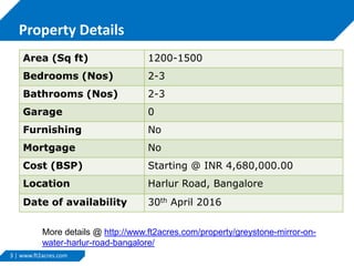 3 | www.ft2acres.com
Property Details
Area (Sq ft) 1200-1500
Bedrooms (Nos) 2-3
Bathrooms (Nos) 2-3
Garage 0
Furnishing No
Mortgage No
Cost (BSP) Starting @ INR 4,680,000.00
Location Harlur Road, Bangalore
Date of availability 30th April 2016
More details @ http://www.ft2acres.com/property/greystone-mirror-on-
water-harlur-road-bangalore/
 