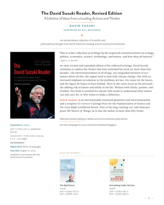 13
The David Suzuki Reader, Revised Edition
A Lifetime of Ideas from a Leading Activist and Thinker
David Suzuki
Foreword by Bill McKibben
September 6, 2014
978-1-77164-027-5 / paperback
$24.95
Ebook 978-1-77164-028-2/ $22.95
6 x 9 • 432 pages
environment
Rights held: World, all languages
Ship date: August 15, 2014
Published in Partnership with the
David Suzuki Foundation
“This is a fine collection of writings by the respected scientist/activist on ecology,
politics, economics, science, technology, and nature, and how they all interact.”
—quill & quire
in this revised and expanded edition of his collected writings, David Suzuki
continues to explore the themes that have informed his work for more than four
decades—the interconnectedness of all things, our misguided elevation of eco-
nomics above all else, the urgent need to deal with climate change—but with an
increased emphasis on solutions to the problems we face, his vision for the future,
and the legacy he hopes to leave behind. There is also more focus on the personal—
the abiding role of nature and family in his life. Written with clarity, passion, and
wisdom, this book is essential for anyone who wants to understand what science
can and can’t do, or who wants to make a difference.
David Suzuki is an internationally renowned geneticist and environmentalist,
and a recipient of UNESCO’s Kalinga Prize for the Popularization of Science and
the 2009 Right Livelihood Award. Host of the long-running CBC television pro-
gram The Nature of Things, he is also the author of more than fifty books.
National review mailing to dailies and environmental publications
On-line campaign to ngos and environmental bloggers
Also of Interest:
The Big Picture
Suzuki
978-1-55365-397-4
978-1-92668-544-1
Everything Under the Sun
Suzuki
978-1-55365-528-2
978-1-55365-996-9
An extraordinary collection of scientific and
philosophical thought from North America’s leading activist and environmentalist.
 