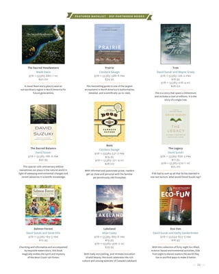 FEATURED BACKLIST · dsf Partnered Books
25
The Sacred Headwaters
Wade Davis
978-1-55365-880-1 hc
$50.00
A visual feast and a plea to save an
extraordinary region in North America for
future generations.
The Sacred Balance
David Suzuki
978-1-55365-166-6 pbk
$22.95
This special 10th-anniversary edition
reexamines our place in the natural world in
light of sweeping environmental changes and
recent advances in scientific knowledge.
Salmon Forest
David Suzuki and Sarah Ellis
978-1-55365-163-5 pbk
$10.95
Charming and informative and accompanied
by exquisite watercolors, this book
magically evokes the spirit and mystery
of the West Coast rain forest.
Prairie
Candace Savage
978-1-55365-588-6 pbk
$34.95
This bestselling guide to one of the largest
ecosystems in North America is authoritative,
detailed, and scientifically up-to-date.
The Legacy
David Suzuki
978-1-55365-828-3 pbk
$17.95
978-1-55365-570-1 hc
$25.00
If he had to sum up all that he has learned in
one last lecture, what would David Suzuki say?
Tree
David Suzuki and Wayne Grady
978-1-55365-126-0 pbk
$18.95
978-1-55365-016-4 hc
$28.00
This is a story that spans a millennium
and includes a cast of millions. It is the
story of a single tree.
Lakeland
Allan Casey
978-1-55365-885-6 pbk
$19.95
978-1-55365-308-0 hc
$29.95
With lively storytelling, and intimate evocation
of wild beauty, this book celebrates the rich
culture and unsung splendor of Canada’s lakeland.
Bees
Candace Savage
978-1-55365-531-2 pbk
$19.95
978-1-55365-321-9 hc
$28.00
With informed and passionate prose, readers
get up close and personal with the familiar
yet wondrously odd honeybee.
Eco-Fun
David Suzuki and Kathy Vanderlinden
978-1-55054-823-5 pbk
$16.95
With this collection of forty-eight fun-filled,
science-based environmental activities, kids
from eight to eleven explore the world they
live in and find ways to make it better.
 