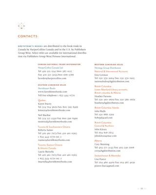33
Greystone’s books are distributed to the book trade in
Canada by HarperCollins Canada and in the U.S. by Publishers
Group West. Select titles are available for international distribu-
tion via Publishers Group West/Perseus International.
Canada National Trade Distributor
HarperCollins Canada Ltd.
Tel: 416-321-2241/800-387-0117
Fax: 416-321-3033/800-668-5788
hcorder@harpercollins.com
Eastern Canadian Sales
Hornblower Books
www.hornblowerbooks.com
Toll free telephone 1-855-444-0770
Quebec
Karen Stacey
Tel: 514-704-3626/Fax: 800-596-8496
kstacey@hornblowerbooks.com
Neil MacRae
Tel: 514-217-2350/Fax: 800-596-8496
montreal@hornblowerbooks.com
Toronto & Southwestern Ontario
Roberta Samec
Tel: 416-461-7973/Fax: 416-461-0365
1-855-444-0770 ext. 1
rsamec@hornblowerbooks.com
Toronto, Eastern Ontario
& Atlantic Canada
Laurie Martella
Tel: 416-461-7973/Fax: 416-461-0365
1-855-444-0770 ext. 2
lmartella@hornblowerbooks.com
Western Canadian Sales
Heritage Group Distribution
National & International Accounts
Don Gorman
Tel: 250-370-9964/Fax: 250-370-1905
nationalsales@hgdistribution.com
British Columbia:
Lower Mainland Library accounts,
British columbia & Alberta
Heather Parsons
Tel: 250-360-0829/Fax: 250-386-0829
heather@hgdistribution.com
British Columbia: Islands
John Walls
Tel: 250-888-2569
bobojak@aol.com
British Columbia:
Central & Northern
John Kitura
Tel: 604-818-7614
johnkitura@mac.com
Alberta
Cory Manning
Tel: 403-271-3145/Fax: 403-249-2968
cory@hgdistribution.com
Saskatchewan & Manitoba
Lisa Pearce
Tel: 204-489-4409/Fax: 204-487-4036
pearce.lisa1@gmail.com
contacts
 