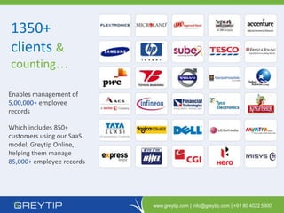 1350+
clients &
counting…

Enables management of
5,00,000+ employee
records

Which includes 850+
customers using our SaaS
model, Greytip Online,
helping them manage
85,000+ employee records




                           www.greytip.com | info@greytip.com | +91 80 4022 5900
 