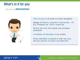 www.greytip.com | info@greytip.com | +91 80 4022 5900
What’s in it for you
You are an Administrator
 