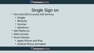 Single Sign on
• One click SSO to access SAS Services
• Google
• NetSuite
• Yammer
• Salesforce
• SSO Platforms.
• Web Console
• Smart Devices
• Apple IPhone and IPad
• Android Phone and tablet
 