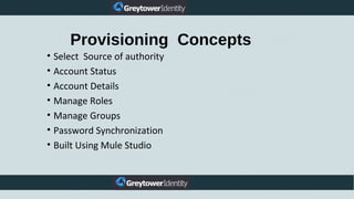 Provisioning Concepts
• Select Source of authority
• Account Status
• Account Details
• Manage Roles
• Manage Groups
• Password Synchronization
• Built Using Mule Studio
 