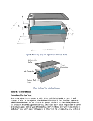 Figure 11: Grease trap design with representative dimensions shown.




                               Figure 12: Grease Trap with Basic Features

Basic Recommendation
Container/Holding Tank
The grease trap container should be larger based on design flow rate of 100L/hr and
capacity of 300L/d. For a grease trap to properly function the fluid requires a 30 minute
retention time to settle out the particles and grease. As seen in the table and figure below,
the container should be approximately 90L. This size is based on an empirical fit of current
commercial grease traps (Figure 13) and should be viewed as a fairly conservative number
and allows for a safety factor with regards to inflow rate. An appropriately sized system is


                                                                                           14
 