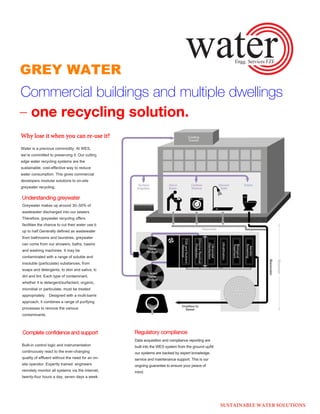 Water is a precious commodity. At WES,
we’re committed to preserving it. Our cutting
edge water recycling systems are the
sustainable, cost-effective way to reduce
water consumption. This gives commercial
developers modular solutions to on-site
greywater recycling.
Understanding greywater
Greywater makes up around 30–50% of
wastewater discharged into our sewers.
Therefore, greywater recycling offers
facilities the chance to cut their water use by
up to half.Generally deﬁned as wastewater
from bathrooms and laundries, greywater
can come from our showers, baths, basins
and washing machines. It may be
contaminated with a range of soluble and
insoluble (particulate) substances, from
soaps and detergents, to skin and saliva, to
dirt and lint. Each type of contaminant,
whether it is detergent/surfactant, organic,
microbial or particulate, must be treated
appropriately. Designed with a multi-barrier
approach, it combines a range of purifying
processes to remove the various
contaminants.
Complete conﬁdence and support
Built-in control logic and instrumentation
continuously react to the ever-changing
quality of efﬂuent without the need for an on-
site operator. Expertly trained engineers
remotely monitor all systems via the Internet,
twenty-four hours a day, seven days a week.
Regulatory compliance
Data acquisition and compliance reporting are
built into the WES system from the ground upAll
our systems are backed by expert knowledge,
service and maintenance support. This is our
ongoing guarantee to ensure your peace of
mind.
Commercial buildings and multiple dwellings
– one recycling solution.
Why lose it when you can re-use it?
GREY WATER
SUSTAINABLE WATER SOLUTIONS
 