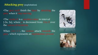 Attacking prey (exploitation)
•The grey wolf finish the hunt by attacking the
prey when it stop moving.
•The vector A is a random value in interval
[-2a, 2a], where a is decreased from 2 to 0 over
the course of iterations.
When |A| < 1, the wolves attack towards the
prey, which represents an exploitation process.
 
