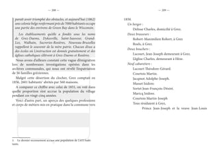 — 208 — — 209 —
paraît avoir triomphé des obstacles, et aujourd’hui (1862)
unecoloniebelgerenfermantprèsde7000habitantsoccupe
une partie des environs de Green Bay dans le Wisconsin.
Les établissements qu’elle a fondés sous les noms
de Grez-Daems, Dykesville, Saint-Sauveur, Grand-
Lez, Walhain, Sucreries-Rosières, Nouveau-Bruxelles
rappellent le souvenir de la mère patrie. Chacun d’eux a
des écoles où l,instruction est donnée gratuitement et des
églises catholiques s’élèvent à Grez-Daems et Rosières.
Nous avons d’ailleurs constaté cette vague d’émigration
lors de nombreuses investigations opérées dans les
archives communales, qui nous ont révélé l’expatriation
de 56 familles gréziennes.
Malgré cette désertion du clocher, Grez comptait en
1856, 2601 habitants1
abrités par 560 maisons.
A comparer ce chiffre avec celui de 1831, on voit dans
quelle proportion s’est accrue la population du village
pendant ces vingt-cinq années.
Voici d’autre part, un aperçu des quelques professions
et corps de métiers mis en pratique dans la commune vers
1.  Le dernier recensement accuse une population de 2.653 habi-
tants.
1850.
Un berger :
	 Delisse Charles, domicilié à Grez.
Deux brasseurs :
	 Robert-Maximilien Robert, à Grez
	 Roels, à Grez.
Deux bouchers :
	 Lacourt, Jean-Joseph demeurant à Grez.
	 L’église Charles, demeurant à Hèze.
Neuf cabaretiers :
	 Lacourt Théodore-Gérard.
	 Courtois Martin.
	 Jacqmot Adolphe-Joseph.
	 Masset Isidore.
	 Sortet Jean-François-Désiré.
	 Maricq Isidore.
	 Courtois Martin-Joseph
	 Tous résidaient à Grez,
		 Prince Jean-Joseph et la veuve Jean-Louis
 