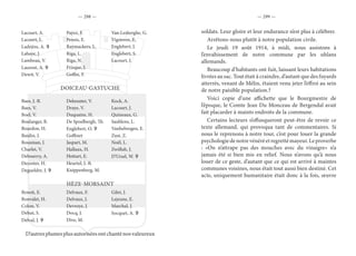 — 298 — — 299 —
Lacourt, A. Payez, F. Van Lesberghe, G.
Lacourt, L. Pensis, E. Vigneron, E.
Ladrière, A.  Raymackers, L. Englebert, J.
Lahaye, J. Riga, L. Englebert, S.
Lambeau, V. Riga, N. Lacourt, J.
Laurent, A.  Frisque, J.
Dewit, V. Goffin, F.
DOICEAU-GASTUCHE
Baes, J.-B. Dekeuster, V. Kock, A.
Baes, V. Draye, V. Lacourt, J.
Boel, V. Duquaine, H. Quineaux, G.
Boulanger, R. De Spoelbergh, Th. Saublens, L.
Bourdon, H. Englebert, O.  Vanhelwegen, E.
Buidin, J. Goffinet Zust, Z.
Bousman, J. Jaspart, M. Noël, L.
Charlet, V. Hallaux, H. Zwifluh, J.
Debouvry, A. Hottart, E. D’Ursel, W. 
Decoster, H. Heurtel, J.-B.
Degueldre, J.  Knippenberg, M.
HÈZE-MORSAINT
Benoit, E. Delvaux, F. Gilet, J.
Bonvalet, H. Delvaux, J. Lejeune, E.
Colon, V. Devroye, J. Marchal, J.
Dehut, S. Docq, J. Socquet, A. 
Delval, J.  Dive, M.
D’autresplumesplusautoriséesontchanténosvaleureux
soldats. Leur gloire et leur endurance n’est plus à célébrer.
Arrêtons-nous plutôt à notre population civile.
Le jeudi 19 août 1914, à midi, nous assistons à
l’envahissement de notre commune par les uhlans
allemands.
Beaucoup d’habitants ont fuit, laissant leurs habitations
livrées au sac. Tout était à craindre, d’autant que des fuyards
atterrés, venant de Mélin, étaient venu jeter l’effroi au sein
de notre paisible population.?
Voici copie d’une affichette que le Bourgmestre de
l’époque, le Comte Jean Du Monceau de Bergendal avait
fait placarder à maints endroits de la commune.
Certains lecteurs s’offusqueront peut-être de revoir ce
texte allemand, qui provoqua tant de commentaires. Si
nous le reprenons à notre tour, c’est pour louer la grande
psychologiedenotrevénéréetregrettémayeur.Leproverbe
: «On n’attrape pas des mouches avec du vinaigre» n’a
jamais été si bien mis en relief. Nous n’avons qu’à nous
louer de ce geste, d’autant que ce qui est arrivé à maintes
communes voisines, nous était tout aussi bien destiné. Cet
acte, uniquement humanitaire était donc à la fois, œuvre
 
