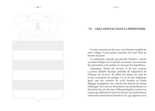 — 46 — — 47 —
VI.	 GREZ-DOICEAU DANS LA PRÉHISTOIRE
Si notre intention est de tracer une histoire complète de
notre village, il nous faudra remonter très haut dans les
brumes du passé.
La préhistoire, période qui précède l’histoire, comme
son nom l’indique, est, à vrai dire, inconnue. Les assertions
des spécialistes en la matière ne sont que des hypothèses.
Cependant, l’étude des terrains et de leur contenu
a permis d’établir l’époque probable de l’apparition de
l’homme sur la terre. Au début des temps, les eaux de
la mer couvraient nos parages. Ce ne fut que longtemps
après, que des ceintures de récifs formées en Haute
Belgique protégèrent nos contrées des fureurs de l’océan
Atlantique. Des côtes se dessinèrent, des promontoires se
dressèrent du sein des eaux. L’élément liquide se rétrécit en
canaux qui sillonnèrent tout le territoire. Les soulèvements
souterrains desséchèrent bientôt le sol, qui apparut nu et
 
