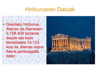 Hiriburuaren Datuak
● Greziako hiriburua
Atenas da.Atenasen
3.158.400 biztanle
daude eta bere
dentsitatea 19.133
koa da. Atenas izena
Atena jainkoagatik
dator.
 