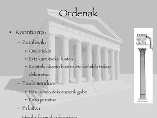 Ordenak Korintiarra: Zutabeak: Oinarriekin Ertz kamutseko fustea Kapitela akanto hostoz eta kiribildu txikiaz  dekoratua Taulamendua: Hiru banda dekoraziorik gabe Friso jarraituz Erlaitza Hiruki formako frontoia 