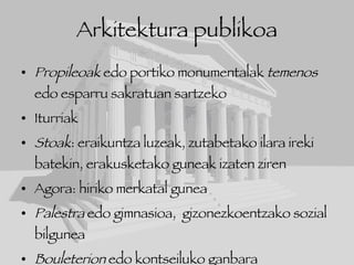 Arkitektura publikoa Propileoak  edo portiko monumentalak  temenos  edo esparru sakratuan sartzeko Iturriak Stoak : eraikuntza luzeak, zutabetako ilara ireki batekin, erakusketako guneak izaten ziren Agora: hiriko merkatal gunea Palestra  edo gimnasioa,  gizonezkoentzako sozial bilgunea Bouleterion  edo kontseiluko ganbara 