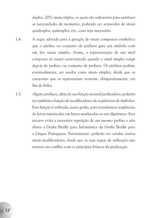 duplos, 2052 sinais triplos, os quais são suficientes para satisfazer
            as necessidades do momento, podendo ser acrescidos de sinais
            quádruplos, quíntuplos, etc., caso seja necessário.

     1.4.   A regra adotada para a geração de sinais compostos estabelece
            que o prefixo ou conjunto de prefixos gere um símbolo com
            um dos sinais simples. Assim, a representação de um sinal
            composto só estará caracterizada quando o sinal simples surgir
            depois do prefixo, ou conjunto de prefixos. Os prefixos podem,
            eventualmente, ser usados como sinais simples, desde que os
            caracteres que os representam ocorram, obrigatoriamente, em
            fim de linha.

     1.5.   Alguns prefixos, além da sua função normal prefixadora, poderão
            ter também a função de modificadores de seqüências de símbolos.
            Esta função é utilizada, nesta grafia, para transformar seqüências
            de letras minúsculas em letras maiúsculas ou em algarismos. Este
            recurso evita a exaustiva repetição de um mesmo prefixo e não
            afasta a Grafia Braille para Informática da Grafia Braille para
            a Língua Portuguesa. Futuramente, poderão ser criados outros
            sinais modificadores, desde que as suas regras de utilização não
            entrem em conflito com os princípios básicos da prefixação.




12
 