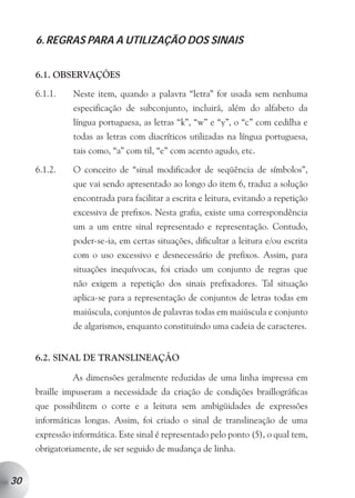 6. REGRAS PARA A UTILIZAÇÃO DOS SINAIS


     6.1. OBSERVAÇÕES

     6.1.1.    Neste item, quando a palavra “letra” for usada sem nenhuma
               especificação de subconjunto, incluirá, além do alfabeto da
               língua portuguesa, as letras “k”, “w” e “y”, o “c” com cedilha e
               todas as letras com diacríticos utilizadas na língua portuguesa,
               tais como, “a” com til, “e” com acento agudo, etc.

     6.1.2.    O conceito de “sinal modificador de seqüência de símbolos”,
               que vai sendo apresentado ao longo do item 6, traduz a solução
               encontrada para facilitar a escrita e leitura, evitando a repetição
               excessiva de prefixos. Nesta grafia, existe uma correspondência
               um a um entre sinal representado e representação. Contudo,
               poder-se-ia, em certas situações, dificultar a leitura e/ou escrita
               com o uso excessivo e desnecessário de prefixos. Assim, para
               situações inequívocas, foi criado um conjunto de regras que
               não exigem a repetição dos sinais prefixadores. Tal situação
               aplica-se para a representação de conjuntos de letras todas em
               maiúscula, conjuntos de palavras todas em maiúscula e conjunto
               de algarismos, enquanto constituindo uma cadeia de caracteres.


     6.2. SINAL DE TRANSLINEAÇÃO

               As dimensões geralmente reduzidas de uma linha impressa em
     braille impuseram a necessidade da criação de condições braillográficas
     que possibilitem o corte e a leitura sem ambigüidades de expressões
     informáticas longas. Assim, foi criado o sinal de translineação de uma
     expressão informática. Este sinal é representado pelo ponto (5), o qual tem,
     obrigatoriamente, de ser seguido de mudança de linha.


30
 