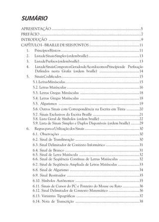 SUMÁRIO
APRESENTAÇÃO ................................................................................................5
PREFÁCIO .............................................................................................................7
INTRODUÇÃO ....................................................................................................9
CAPÍTULO I - BRAILLE DE SEIS PONTOS ......................................................11
   1. Princípios Básicos .....................................................................................11
   2. Lista de Sinais Simples (ordem braille) .......................................................13
   3. Lista de Prefixos (ordem braille) .................................................................13
   4.  ListadeSinaisCompostosGeradosdeAcordocomosPrincípiosde Prefixação
       Definidos nesta Grafia (ordem braille) ...........................................14
   5. Sinais Codificados ....................................................................................15
      5.1. Letras Minúsculas ................................................................................15
      5.2. Letras Maiúsculas ..............................................................................16
      5.3. Letras Gregas Minúsculas ................................................................18
      5.4. Letras Gregas Maiúsculas ................................................................18
      5.5. Algarismos .......................................................................................19
      5.6. Outros Sinais com Correspondência na Escrita em Tinta ..............20
      5.7. Sinais Exclusivos da Escrita Braille ..................................................21
      5.8. Lista Geral de Símbolos (ordem braille) ..........................................22
      5.9. Lista de Sinais Simples e Duplos Disponíveis (ordem braille) .........29
   6. Regras para a Utilização dos Sinais ...........................................................30
      6.1. Observações .....................................................................................30
      6.2. Sinal de Translineação .....................................................................30
      6.3. Sinal Delimitador de Contexto Informático ....................................31
      6.4. Sinal de Branco ................................................................................31
      6.5. Sinal de Letra Maiúscula .................................................................32
      6.6. Sinal de Seqüência Contínua de Letras Maiúsculas ......................32
      6.7. Sinal de Seqüência Ampliada de Letras Maiúsculas .......................33
      6.8. Sinal de Algarismo ...........................................................................34
      6.9. Sinal Restituidor ..............................................................................35
      6.10. Símbolos Autônomos .....................................................................35
      6.11. Sinais de Cursor do PC e Ponteiro do Mouse ou Rato ..................36
      6.12. Sinal Delimitador de Contexto Matemático .................................36
      6.13. Variantes Tipográficas ....................................................................37
      6.14. Nota de Transcrição .....................................................................38
 