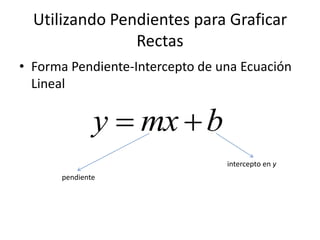 Utilizando Pendientes para Graficar
                Rectas
• Forma Pendiente-Intercepto de una Ecuación
  Lineal

              y  mx  b
                                 intercepto en y
      pendiente
 